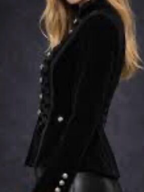 Velvet Military Peplum Jacket Black Mandarin Collar Silver Button Women Large